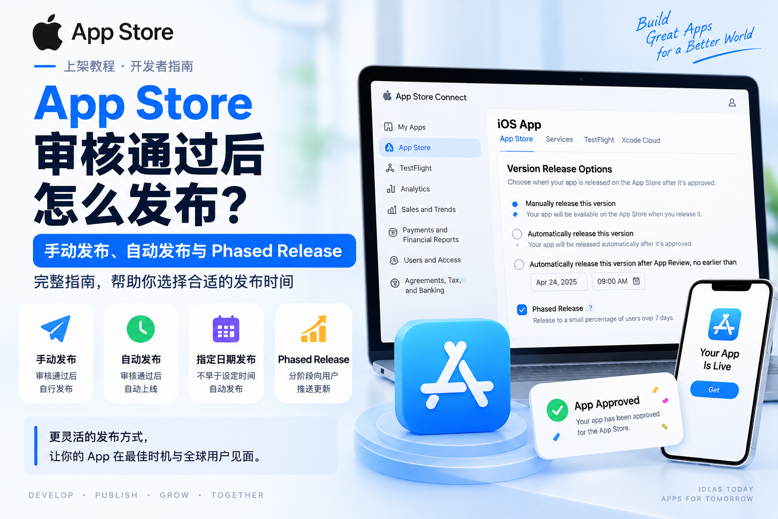 App Store审核通过后怎么发布？手动发布、自动发布与Phased Release完整指南