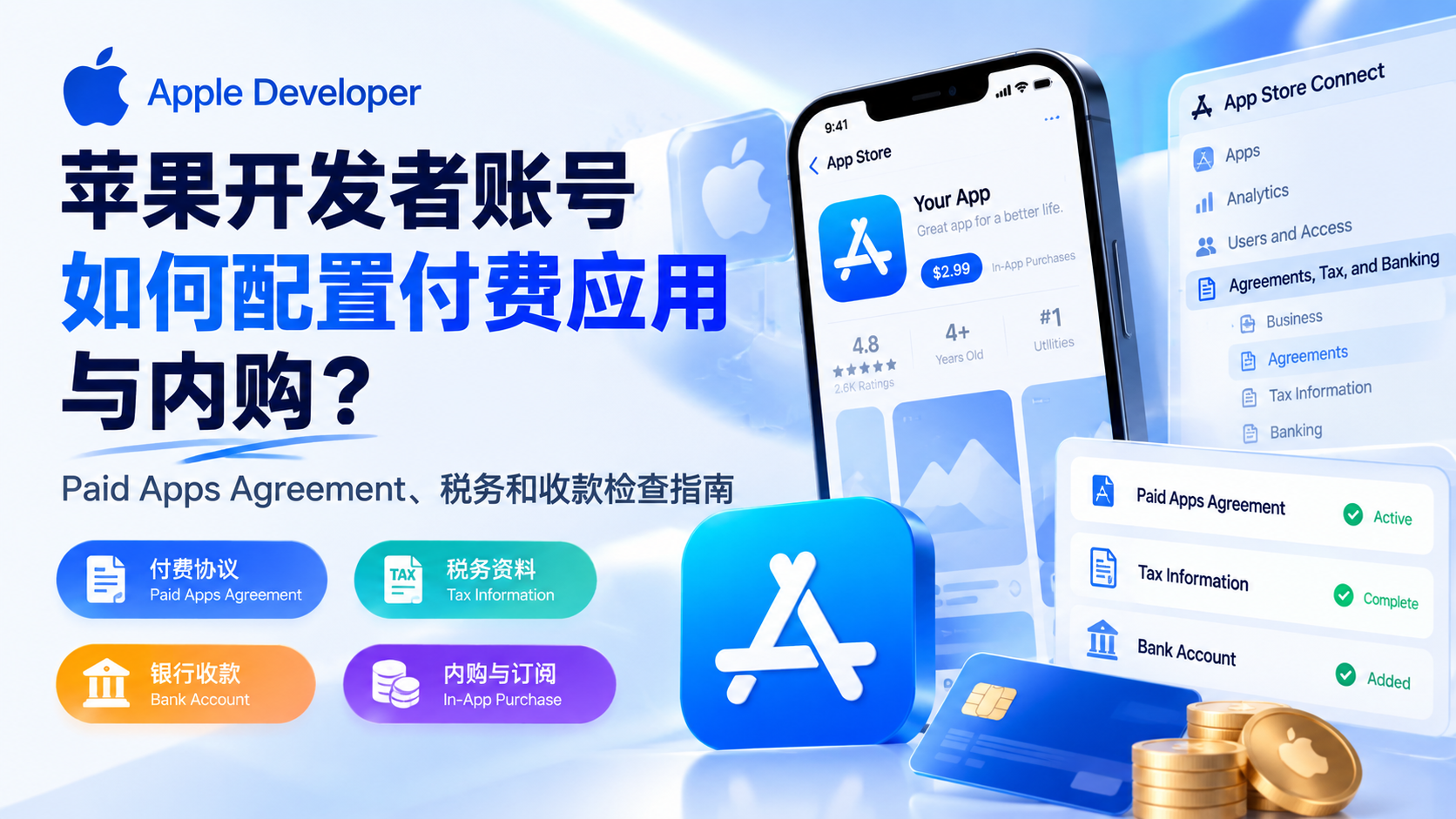 苹果开发者账号购买后如何配置付费应用与内购？Paid Apps Agreement、税务和收款检查指南