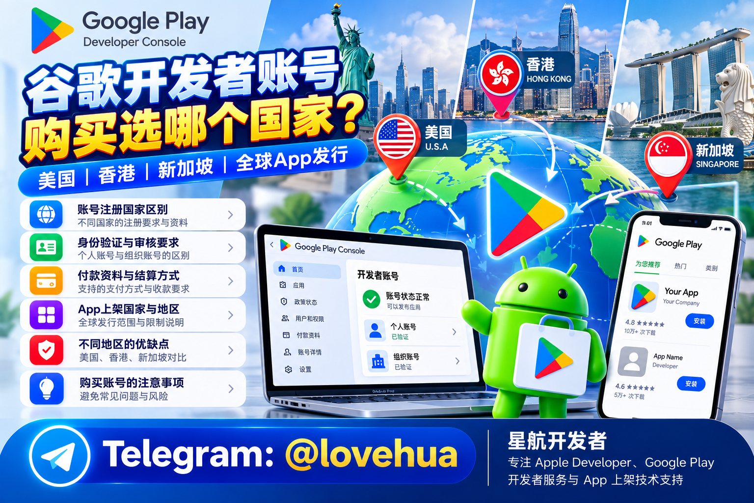 谷歌开发者账号购买选哪个国家？Google Play账号地区与App上架国家区别详解